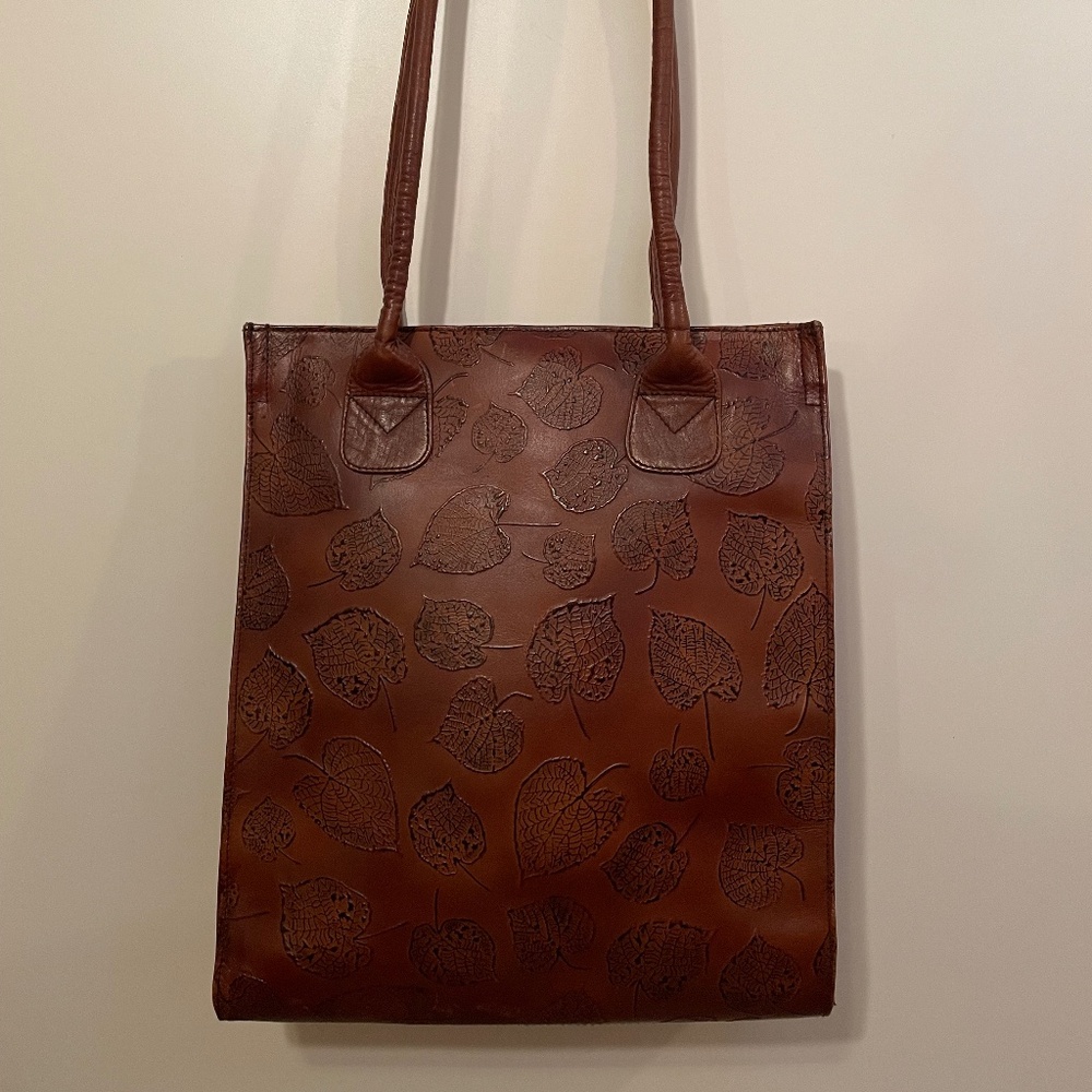 Leaf Embossed Brown Leather Tote